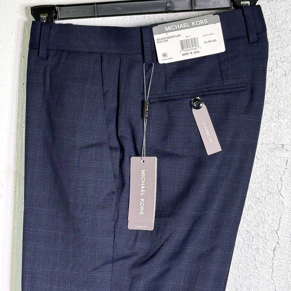 Michael Kors Men's Classic-Fit Wool-Blend Suit Pants Navy Plaid, 30x30 $200